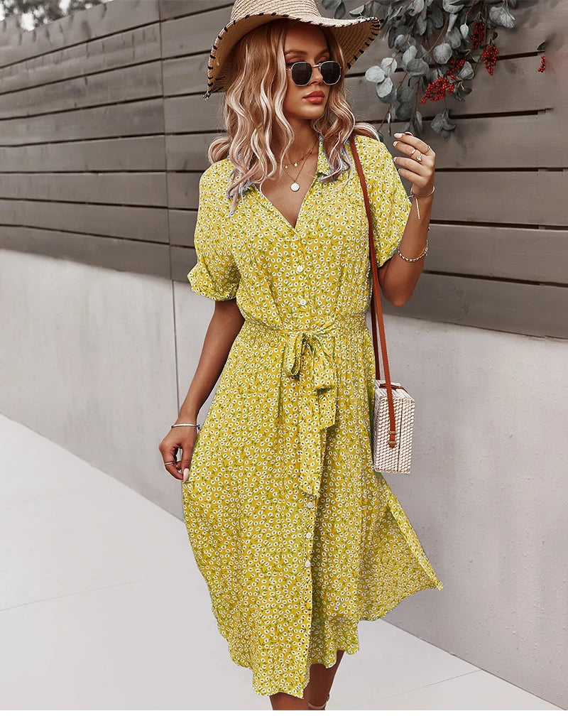 Summer Women Floral Print Dress Casual Short Sleeve Button Holiday Midi Dresses Female V-Neck Beach Boho Chic Dress Elegant Robe