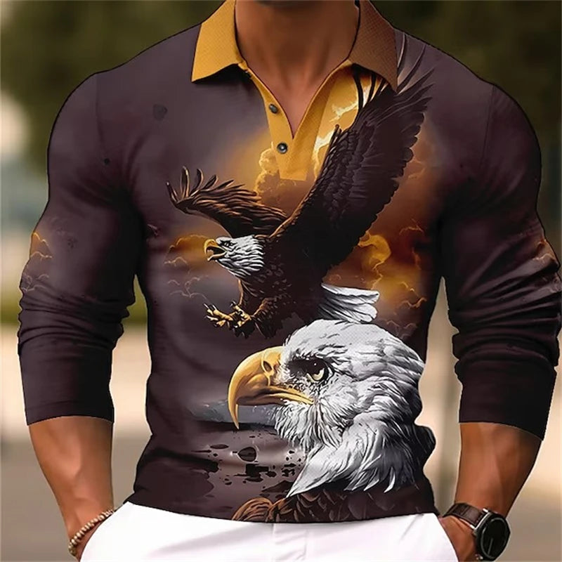 Tiger Eagle 3D Printed Long Sleeve Polo T-shirt For Mens Designer Clothes Lapel Streetwear High Quality Tops Comfortable Polo