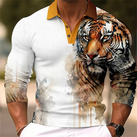 Tiger Eagle 3D Printed Long Sleeve Polo T-shirt For Mens Designer Clothes Lapel Streetwear High Quality Tops Comfortable Polo