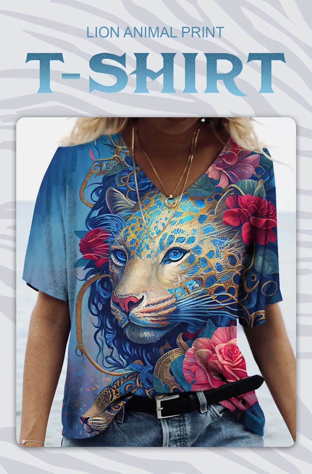 New Women'S T Shirt 3d Animal Print V-Neck Short Sleeve Tops Tees Streetwear Female Oversized Tshirt Fashion Woman Clothing 2023