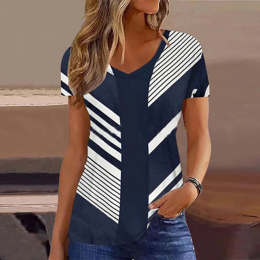 Women's T-Shirt Summer Stripe Short Sleeve Tee Shirt Fashion Blue V-Neck Female Clothing Casual New T-Shirt for Women Pullover