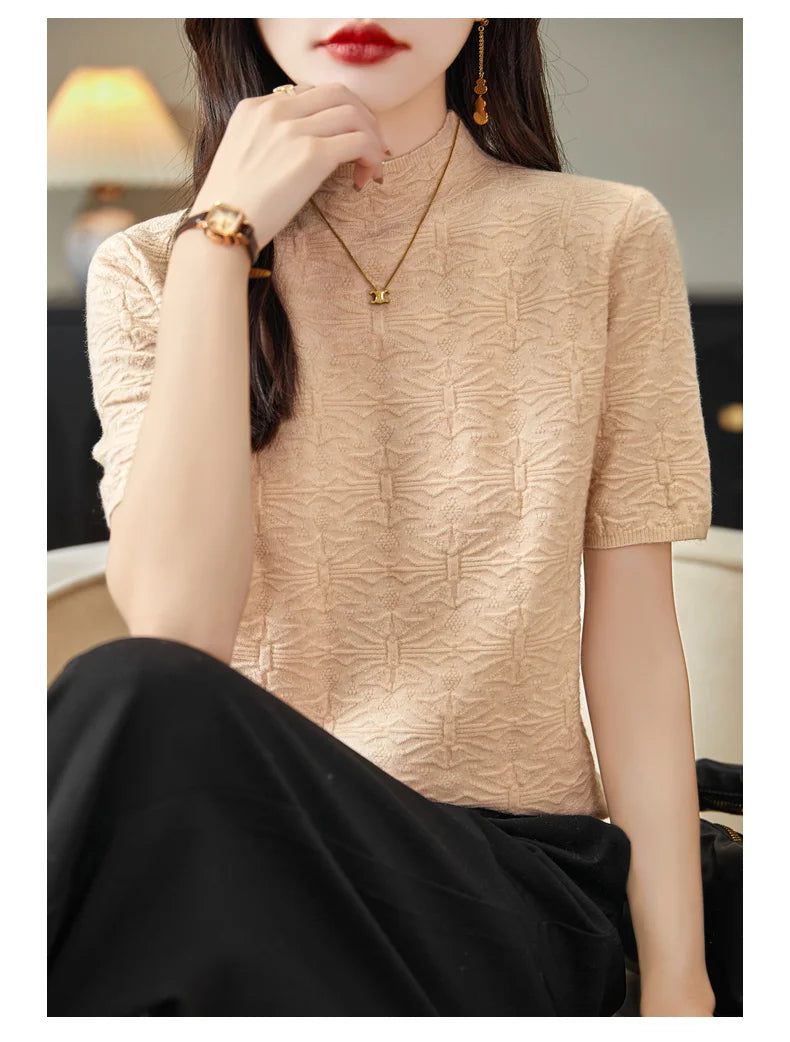 2024 Summer Women's Sweater Short Sleeve Pullover T-shirt Pure Wool Knitwear Half High Neck Loose Versatile Slim Fit Fashion Top