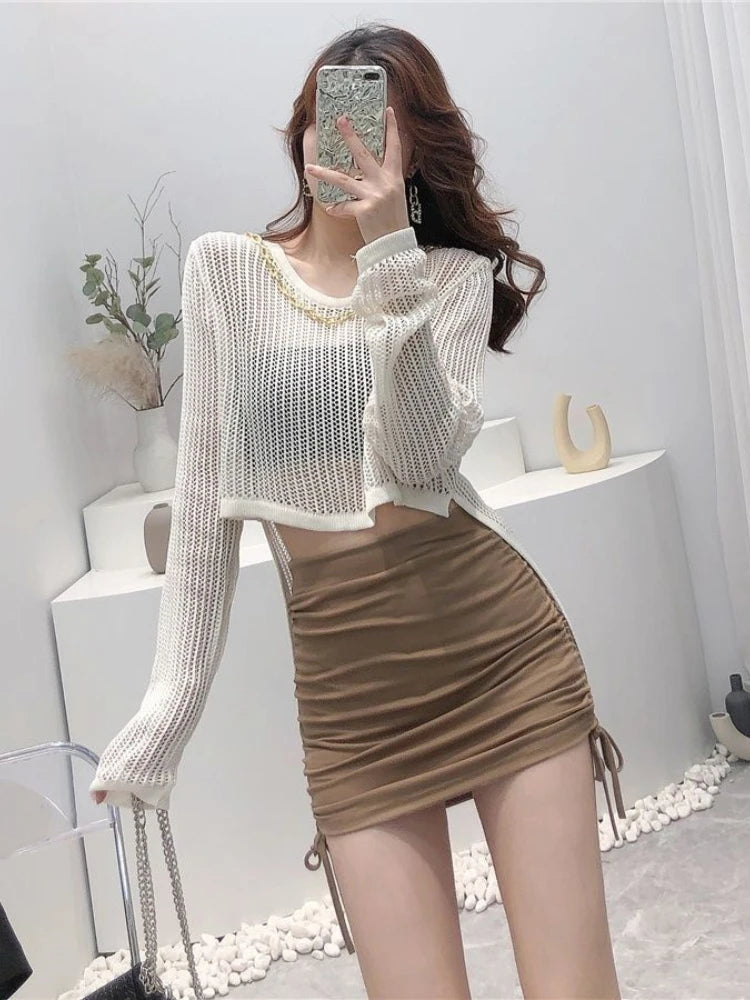 Woherb Lazy Style Full Sleeves Thin Crochet Tops Hollow Out Sexy Women Fashion Casual Streetwear Chic Femme Sunproof Tshirts