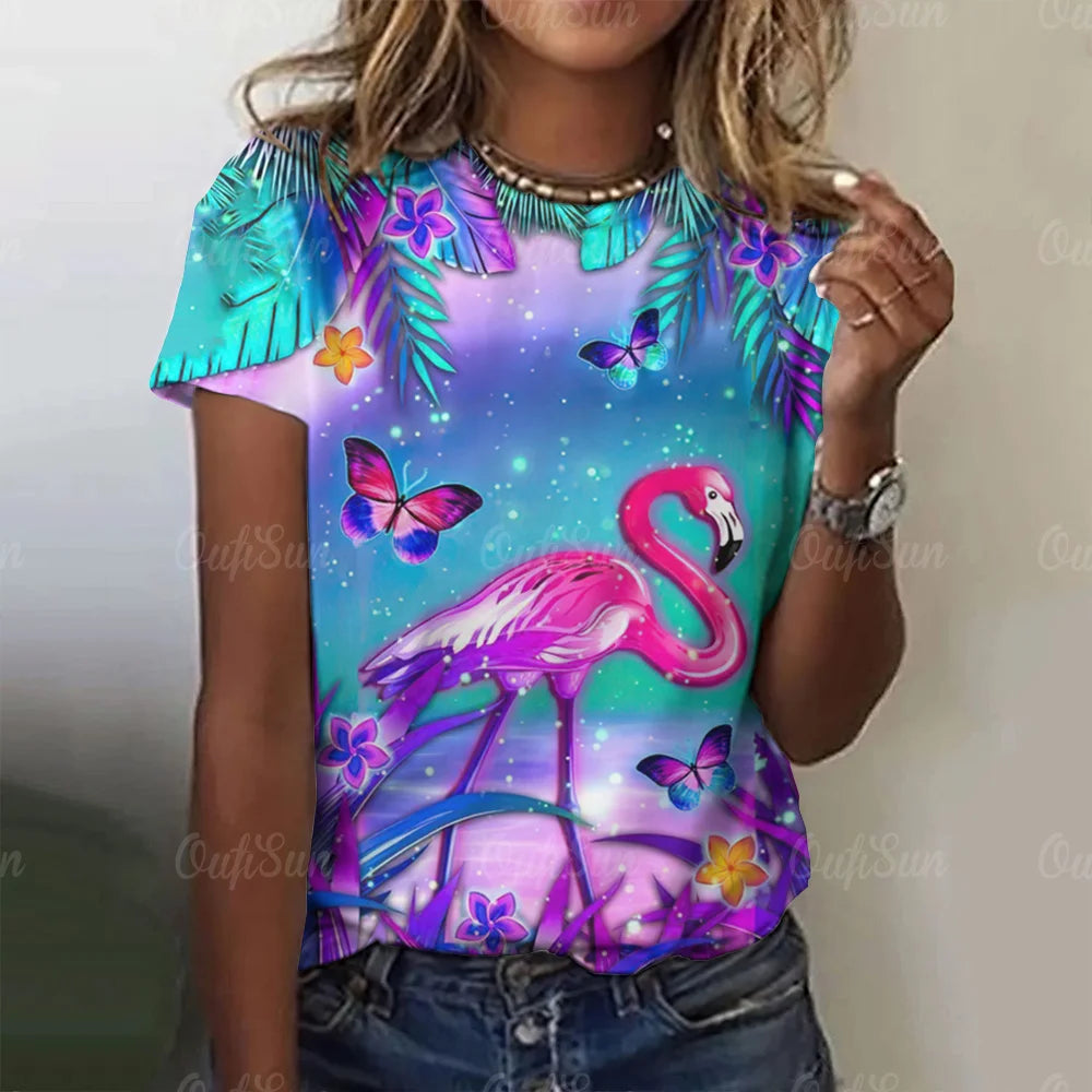 Women T-Shirts 3d Flamingo Print Fashion O-Neck Casual Ladies Casual Female Top Harajuku Girls Short Sleeve Loose Woman Clothing