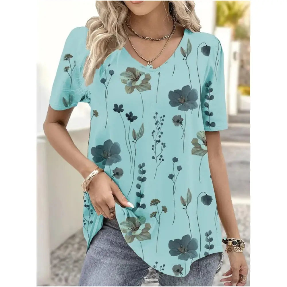 Fashion Women's V-neck T-shirt Harajuku Print Summer 3D T-shirt Floral Graphic Tee Loose Pullover Female Casual Top 5xl Clothing