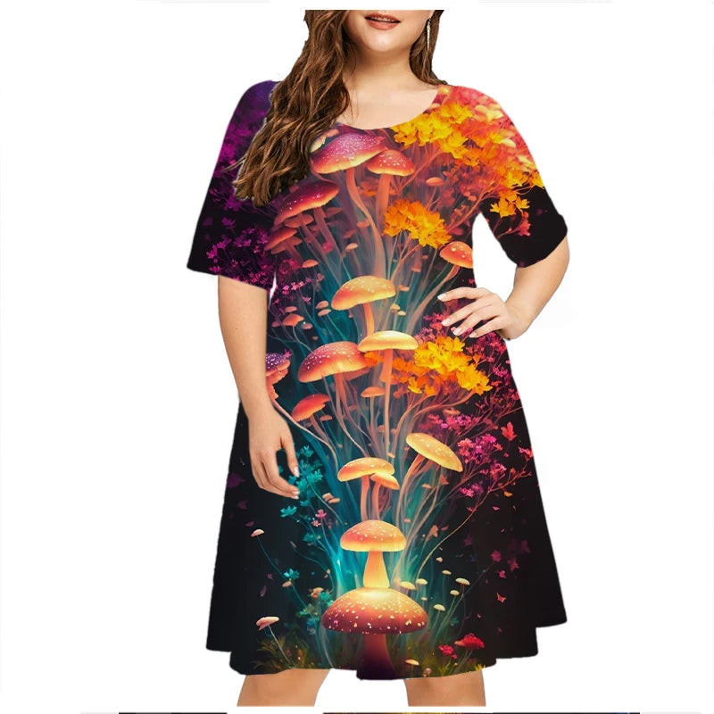 6XL Plus Size Summer Dresses For Women Clothes Plant Flower Print Short Sleeve Loose Dress Casual Retro O-Neck Sundress Vestidos