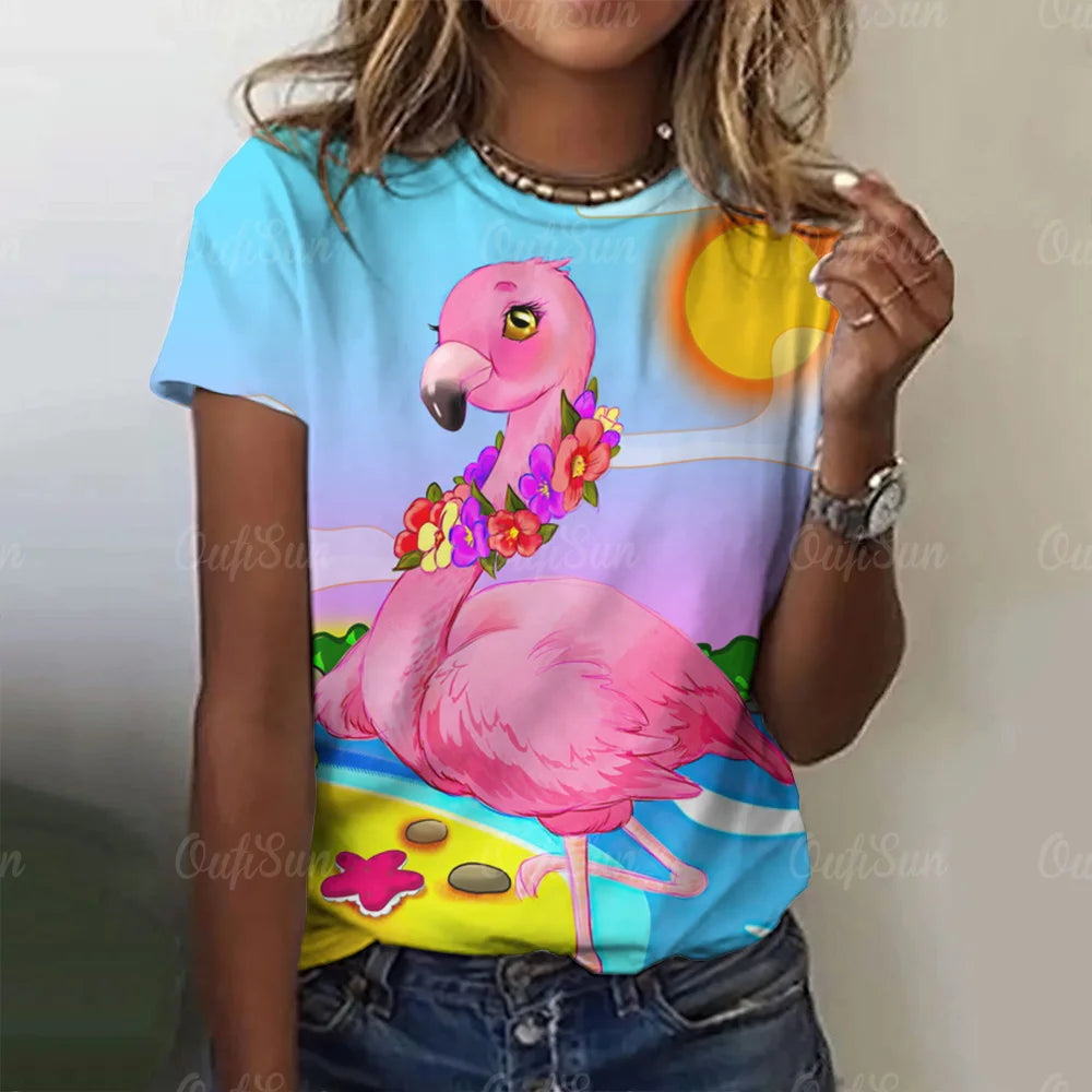 Women T-Shirts 3d Flamingo Print Fashion O-Neck Casual Ladies Casual Female Top Harajuku Girls Short Sleeve Loose Woman Clothing