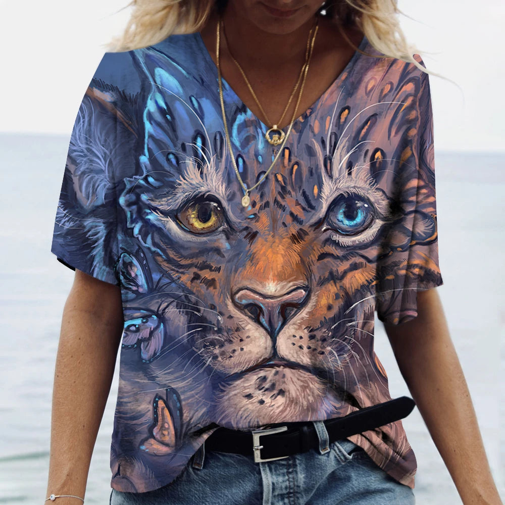 New Women'S T Shirt 3d Animal Print V-Neck Short Sleeve Tops Tees Streetwear Female Oversized Tshirt Fashion Woman Clothing 2023