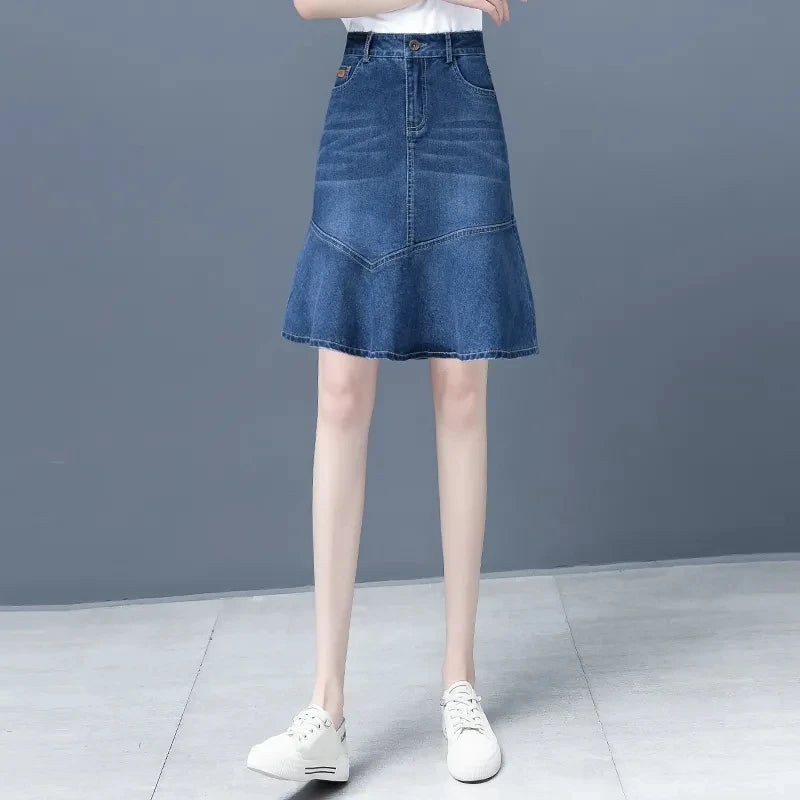 Denim Skirt For Women Spring Summer High-waisted Ruffle A-line Jeans Skirt Ladies Package Hips Fishtail Mini Denim Skirts