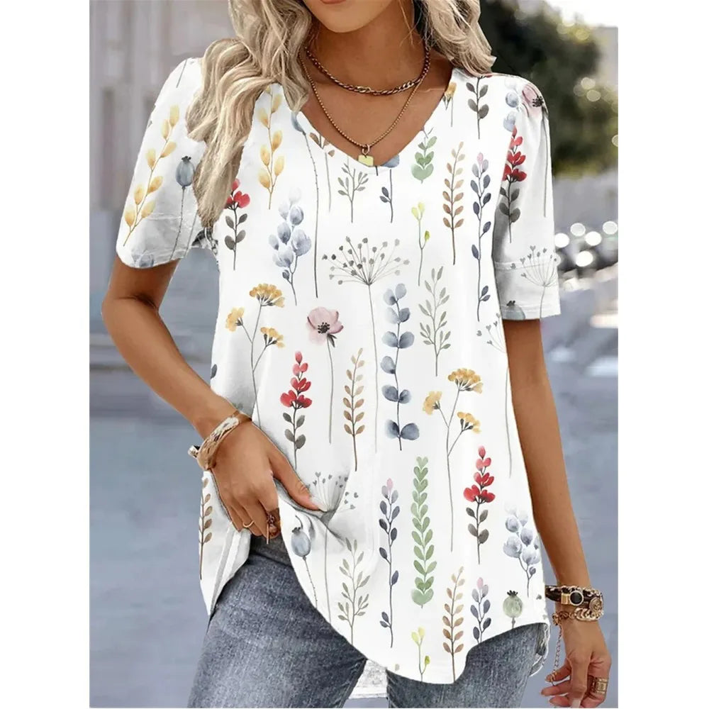 Fashion Women's V-neck T-shirt Harajuku Print Summer 3D T-shirt Floral Graphic Tee Loose Pullover Female Casual Top 5xl Clothing