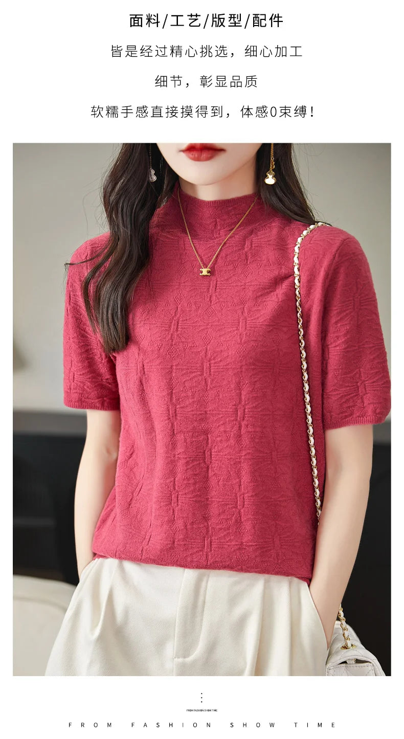 2024 Summer Women's Sweater Short Sleeve Pullover T-shirt Pure Wool Knitwear Half High Neck Loose Versatile Slim Fit Fashion Top