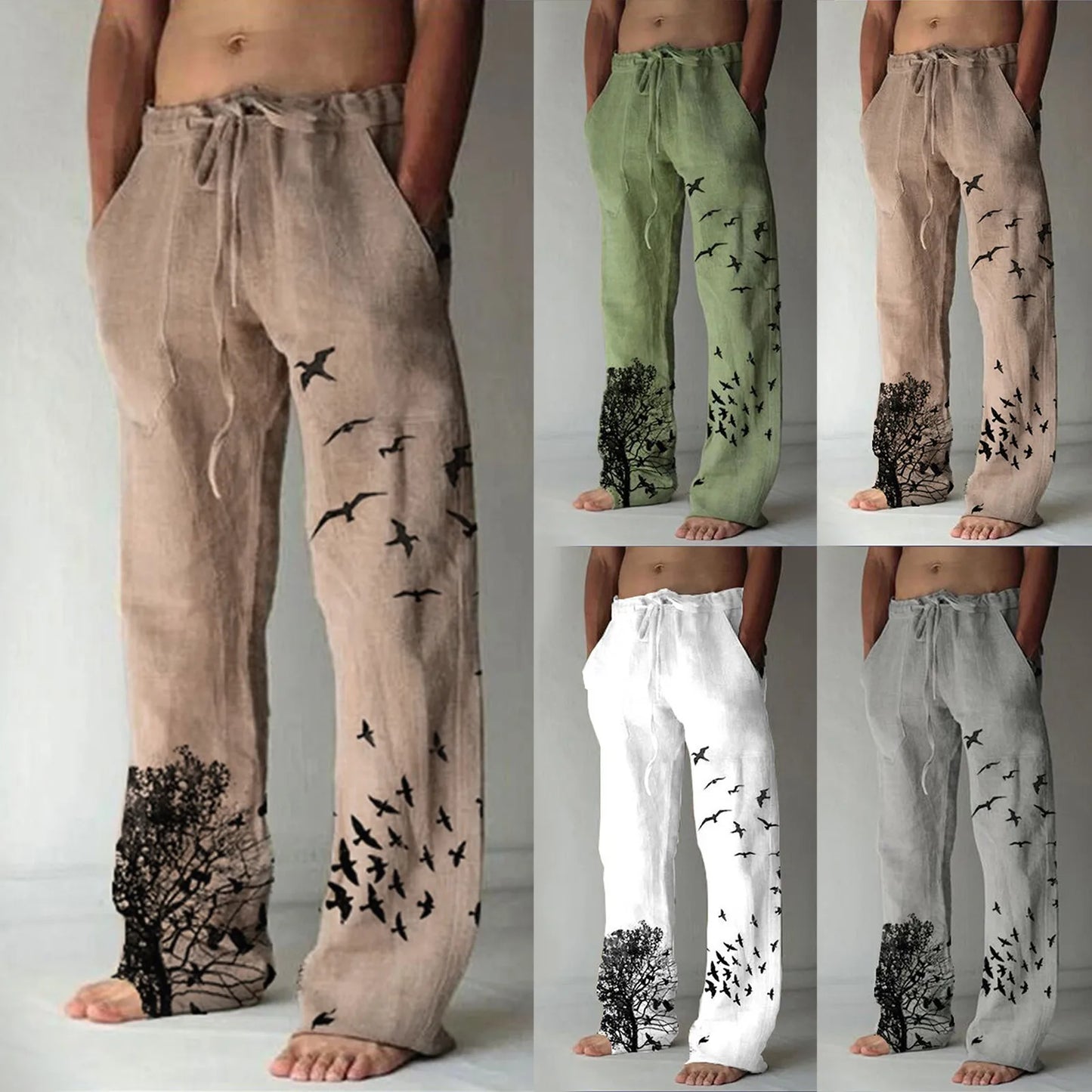 Men's Cotton Pants Summer New Breathable Tree&Bird Print Drawstring Linen Trousers Fitness Streetwear Male Daily Casual Pants