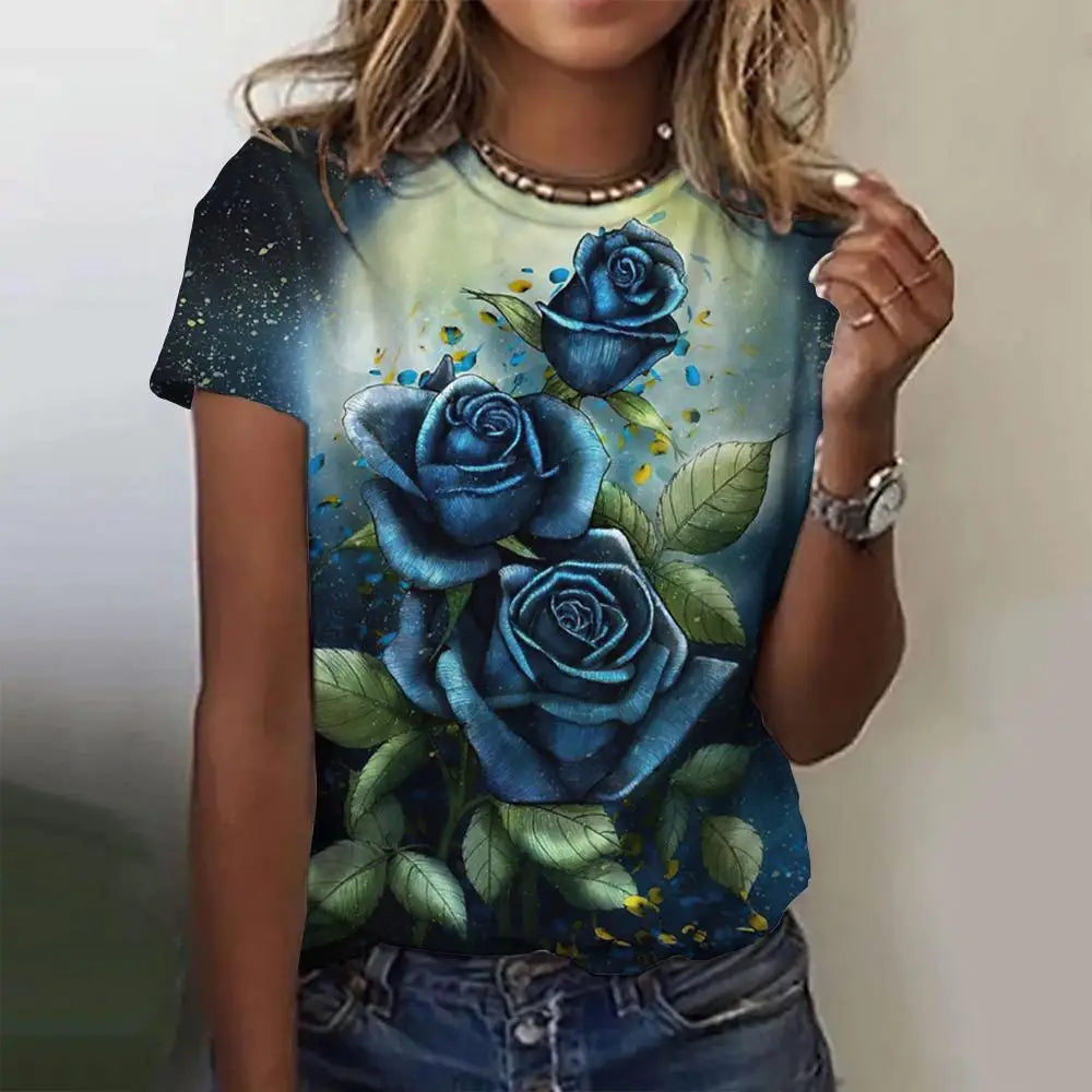 3d Roses Print Women's T Shirts Summer Fashion Short Sleeve Top Oversized Female Clothing Casual Girls Streetwear 2023 New Tees