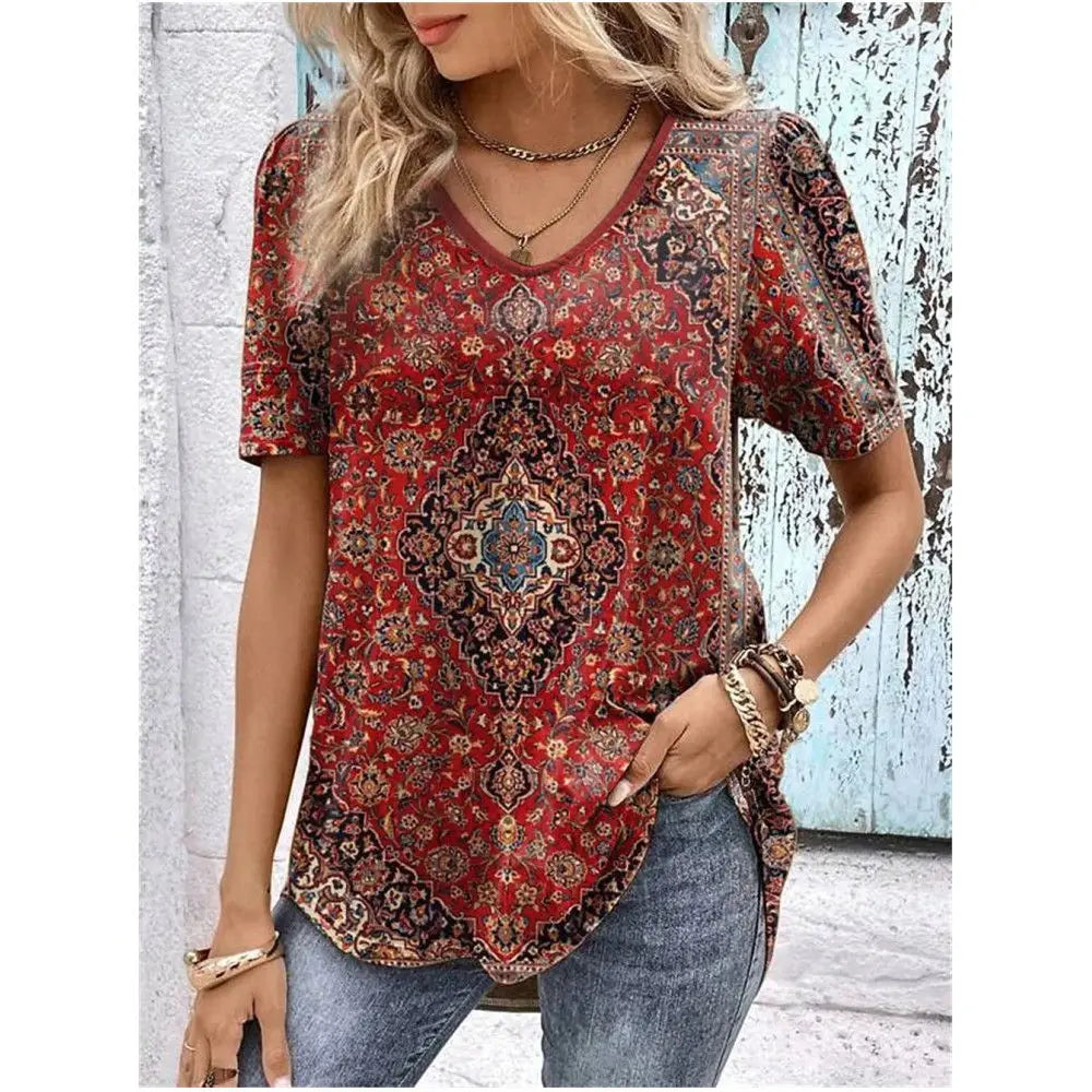 Fashion Women's V-neck T-shirt Harajuku Print Summer 3D T-shirt Floral Graphic Tee Loose Pullover Female Casual Top 5xl Clothing