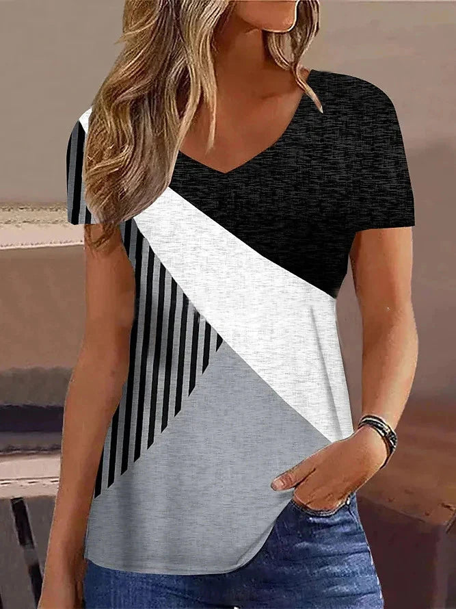 Women's T-Shirt Summer Stripe Short Sleeve Tee Shirt Fashion Blue V-Neck Female Clothing Casual New T-Shirt for Women Pullover