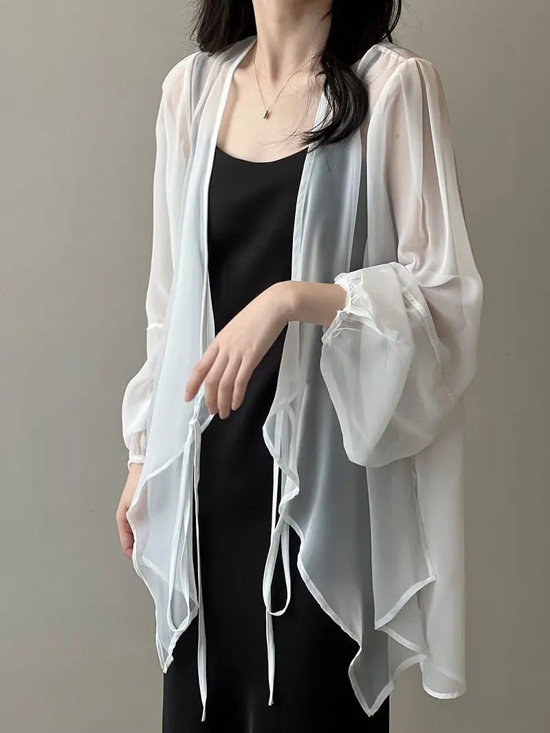 Summer New Solid Color Fashion Long Sleeve Thin Style Coat Women High Street Casual Lacing Button Cardigan Elegant All-match Top