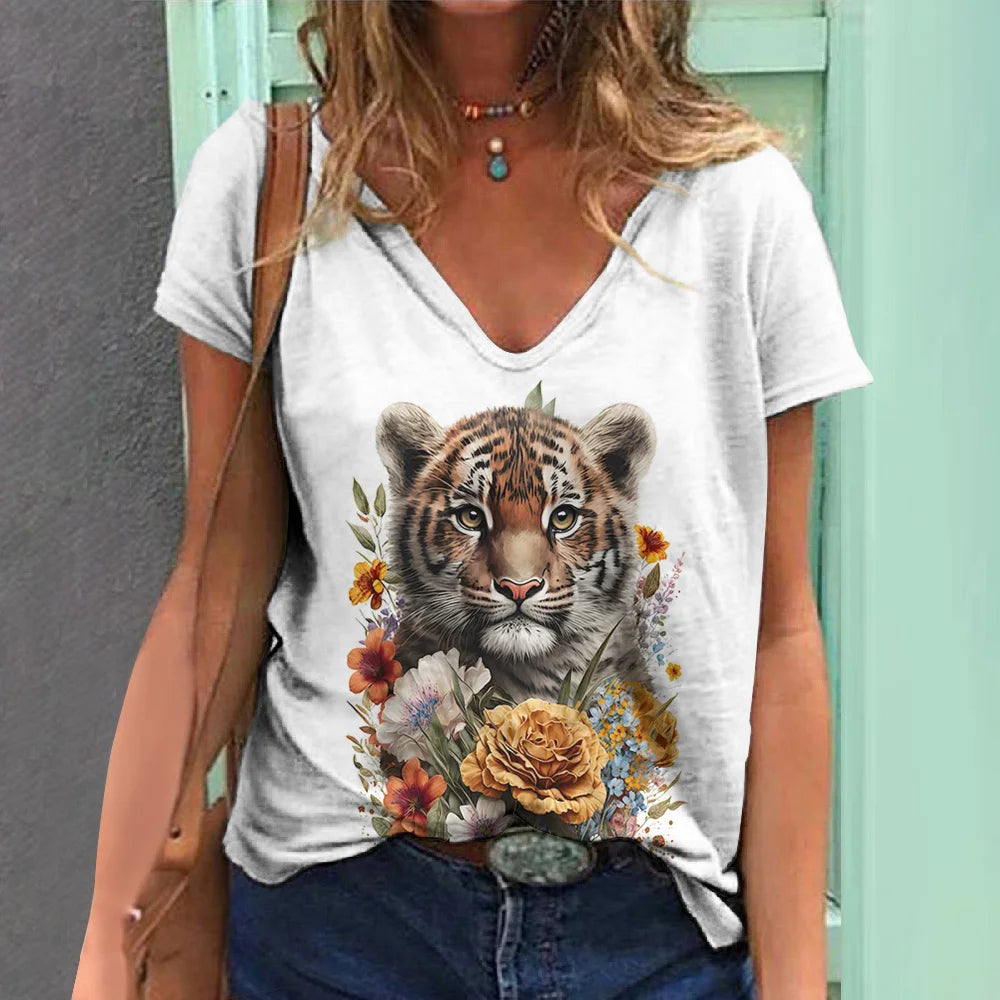 New Women'S T Shirt 3d Animal Print V-Neck Short Sleeve Tops Tees Streetwear Female Oversized Tshirt Fashion Woman Clothing 2023