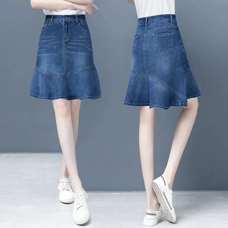 Denim Skirt For Women Spring Summer High-waisted Ruffle A-line Jeans Skirt Ladies Package Hips Fishtail Mini Denim Skirts