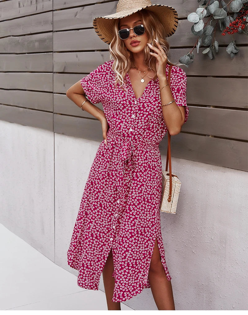 Summer Women Floral Print Dress Casual Short Sleeve Button Holiday Midi Dresses Female V-Neck Beach Boho Chic Dress Elegant Robe