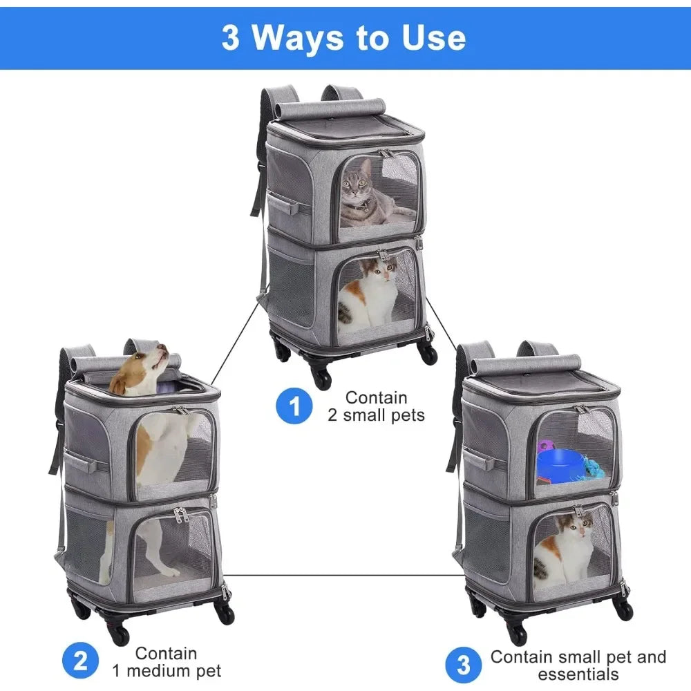 Pet Backpack on Wheels for Small Cats and Dogs Rolling Cat Travel Harness Ultra Ventilated Design Free Shipping Grey - Arkansas Outdoors Shop