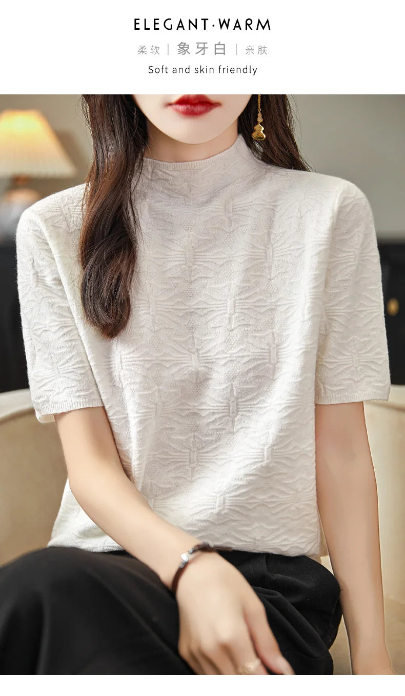 2024 Summer Women's Sweater Short Sleeve Pullover T-shirt Pure Wool Knitwear Half High Neck Loose Versatile Slim Fit Fashion Top