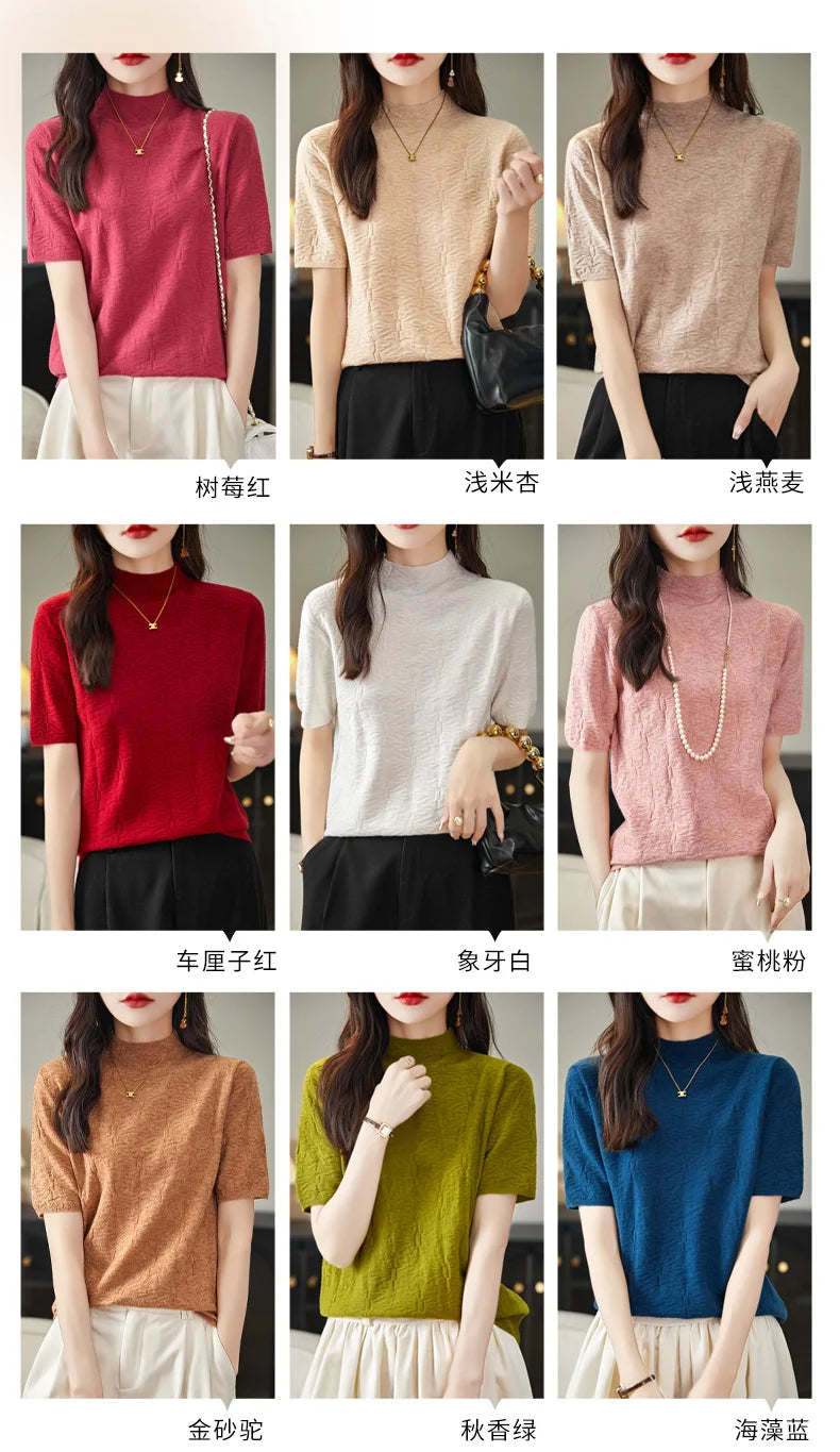 2024 Summer Women's Sweater Short Sleeve Pullover T-shirt Pure Wool Knitwear Half High Neck Loose Versatile Slim Fit Fashion Top