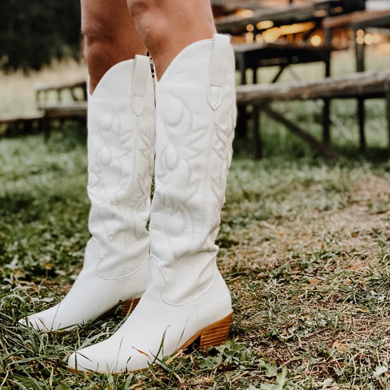 Onlymaker White Knee High Cowboy Boots: Wide Calf, Embroidered - Arkansas Outdoors Shop