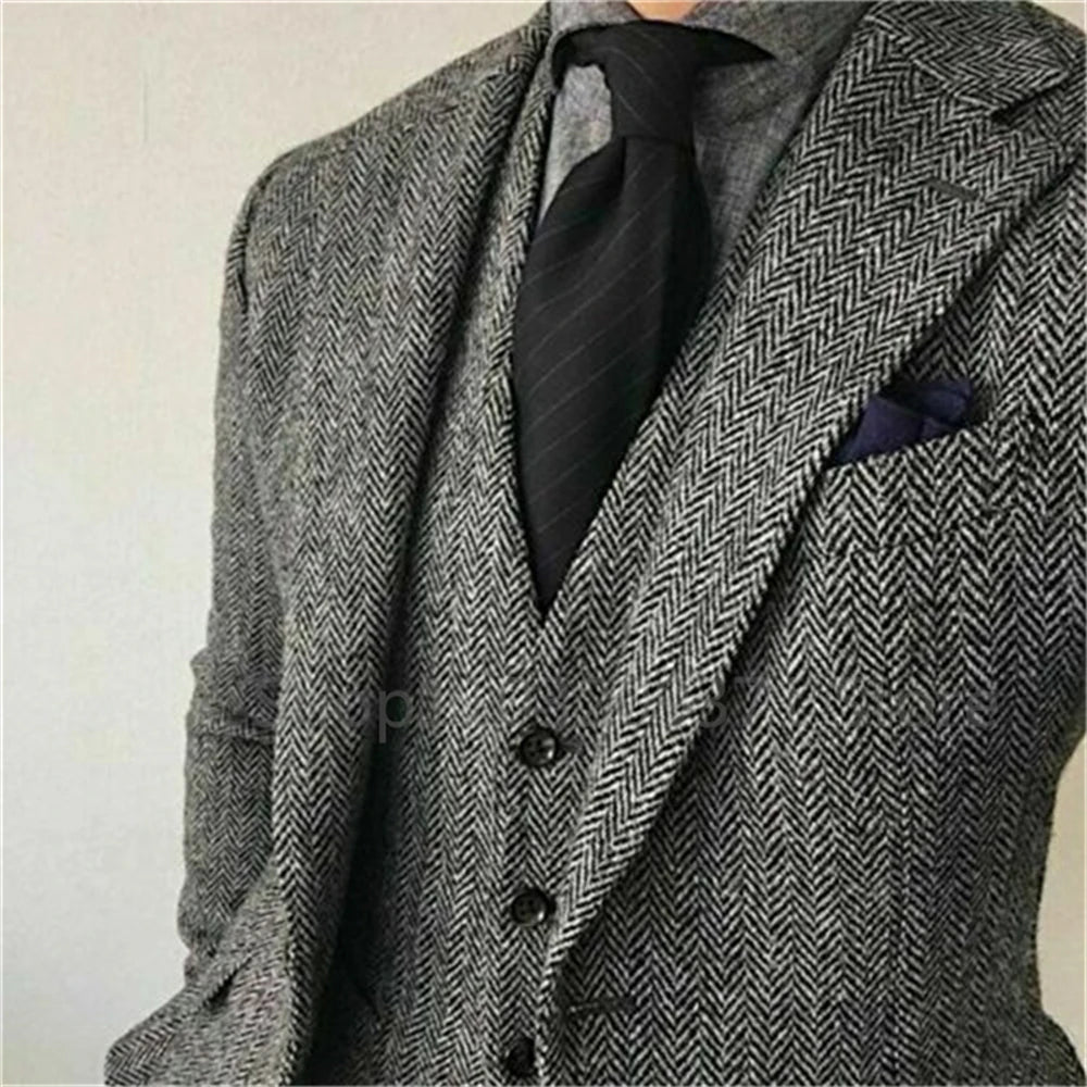 3 Pieces Men's Suits Tweed Herringbone Slim Fit Business Cauasl Waistcoat Jacket Groomsmen Wedding Suits（Blazer+vest+Pants）