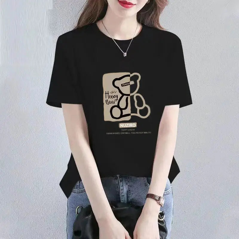 Summer Cotton Painting Bears T-shirt Women New O-collar Short Sleeve Loose Casual Letter High Quality Ventilate Lady Top