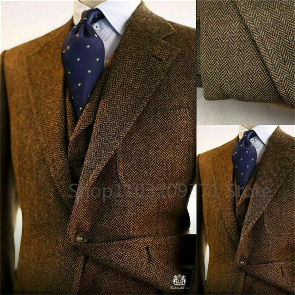 3 Pieces Men's Suits Tweed Herringbone Slim Fit Business Cauasl Waistcoat Jacket Groomsmen Wedding Suits（Blazer+vest+Pants）