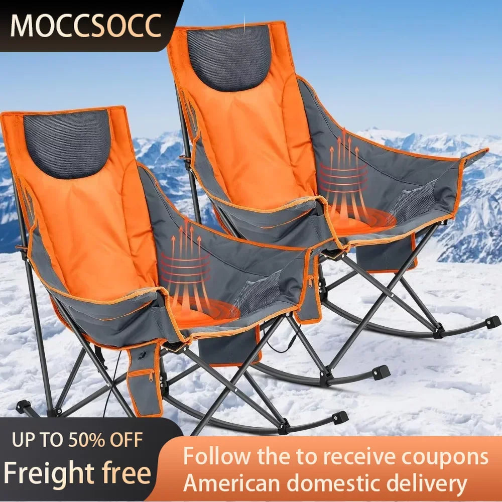 2 Pcs Oversized Heated Camping Chair for Adults Folding Outdoor Rocking Chairs With 3 Heat Levels Heavy Duty Portable Rocker