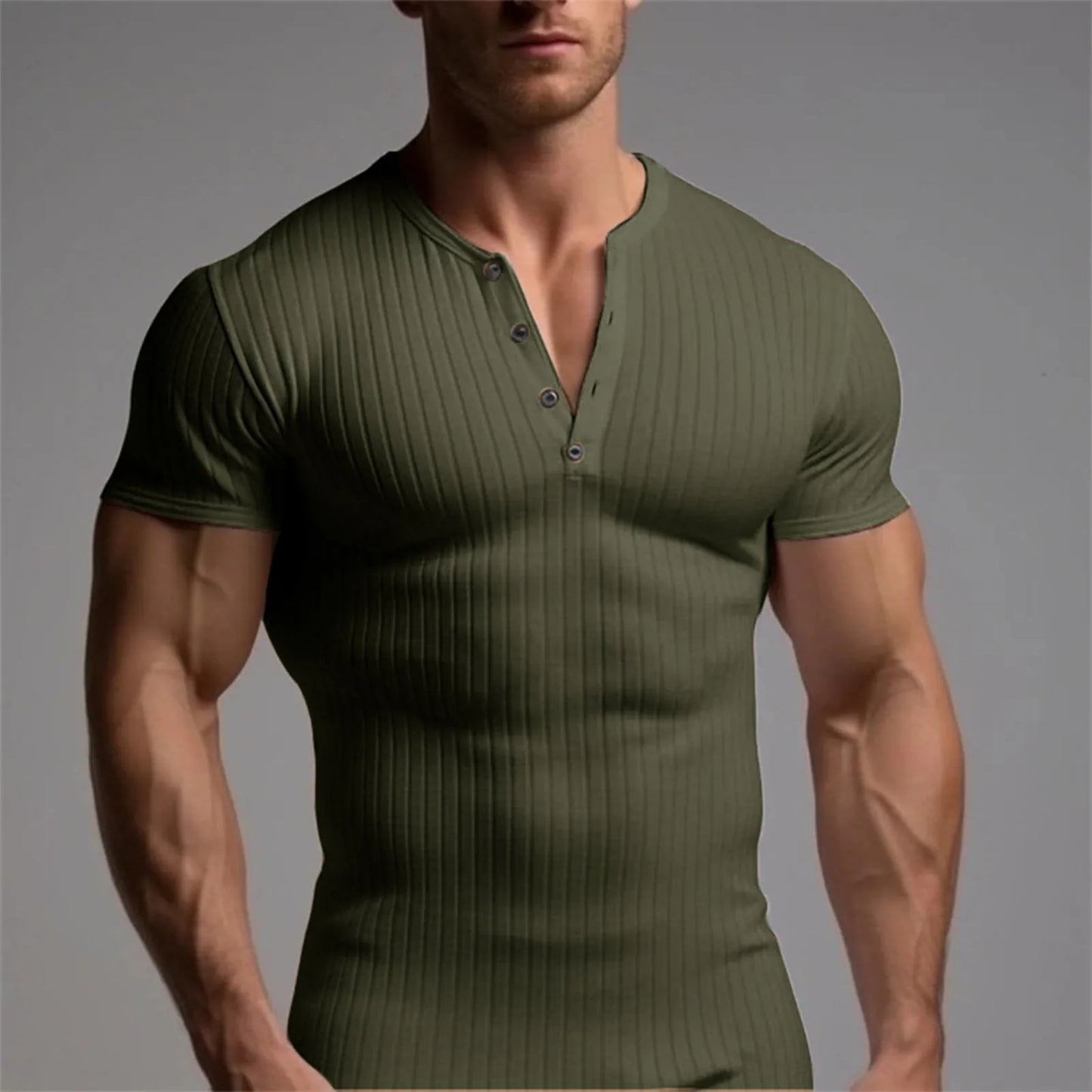 Men's Threaded T-shirt Summer Running Sports Fitness Clothes Muscle Slim Fit Short Sleeve T-shirt V-neck Collar Casual Tops