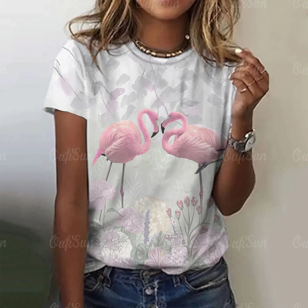 Women T-Shirts 3d Flamingo Print Fashion O-Neck Casual Ladies Casual Female Top Harajuku Girls Short Sleeve Loose Woman Clothing