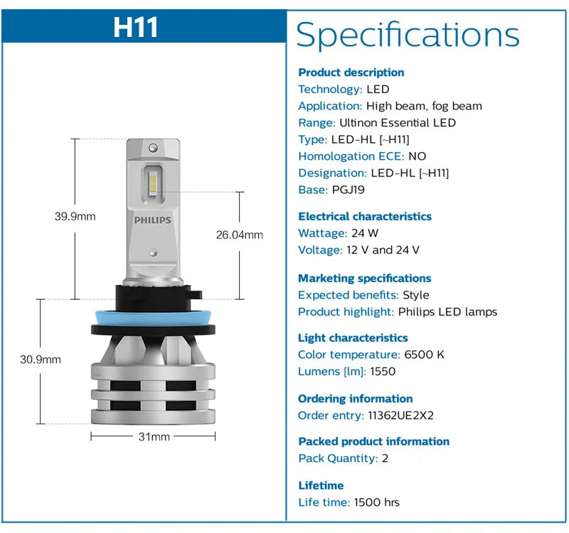 2PCS Philips Ultinon Essential G2 LED H1 H4 H7 H8 H11 H16 HB3 HB4 HIR2 6500K Bright White Auto Headlight LED Bulbs 12V 24V Lamps