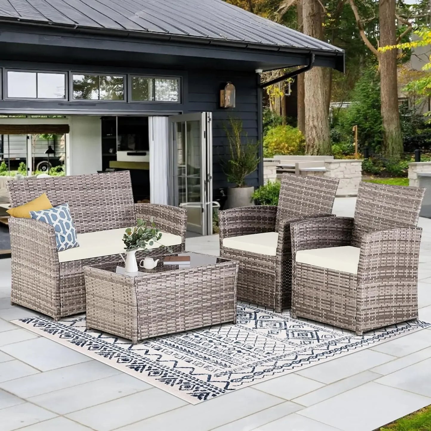 4 Piece Patio Furniture  Sets ,Rattan Sectional Sofa w/Coffee Table, for Backyard Garden Poolside