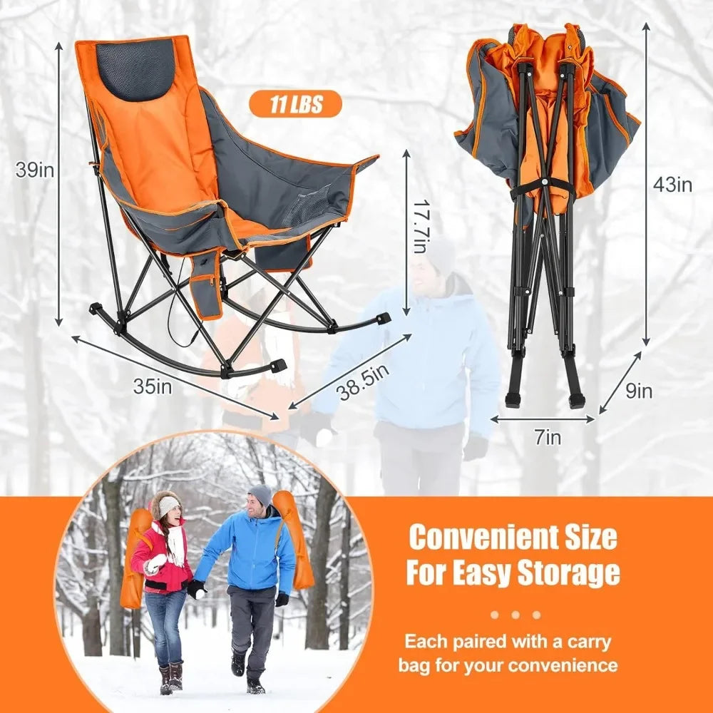 2 Pcs Oversized Heated Camping Chair for Adults Folding Outdoor Rocking Chairs With 3 Heat Levels Heavy Duty Portable Rocker