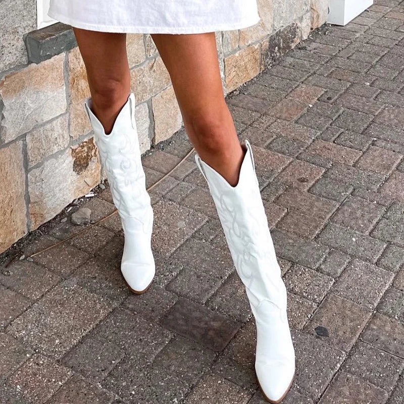 Onlymaker White Knee High Cowboy Boots: Wide Calf, Embroidered - Arkansas Outdoors Shop