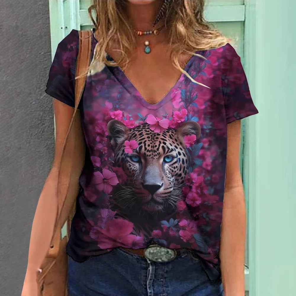 New Women'S T Shirt 3d Animal Print V-Neck Short Sleeve Tops Tees Streetwear Female Oversized Tshirt Fashion Woman Clothing 2023