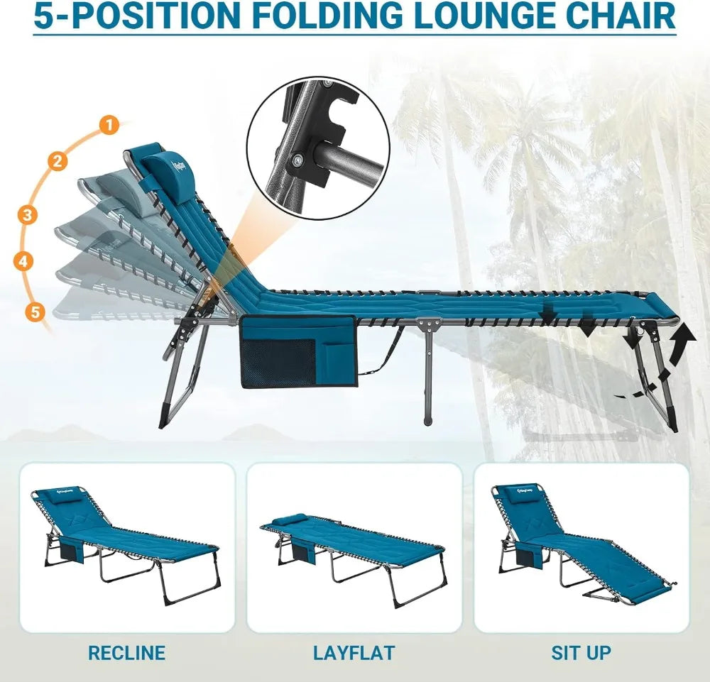 Oversize Padded Folding Chaise Lounge Chair for Outdoor, Patio, Beach,Lawn, Sunbathing, Tanning, Pool, Lay Flat Heavy-Duty