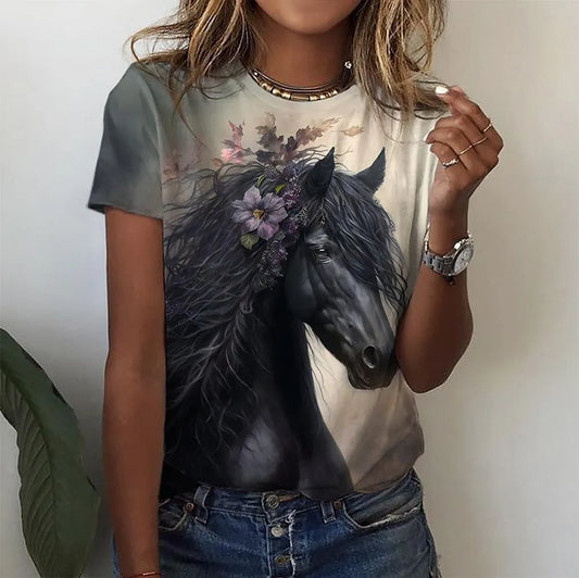 Fashion Women's T-Shirt Women's 3d Horse Print Kawaii T Shirt Female Casual Clothing Oversized Summer Vintage Aesthetics Tops