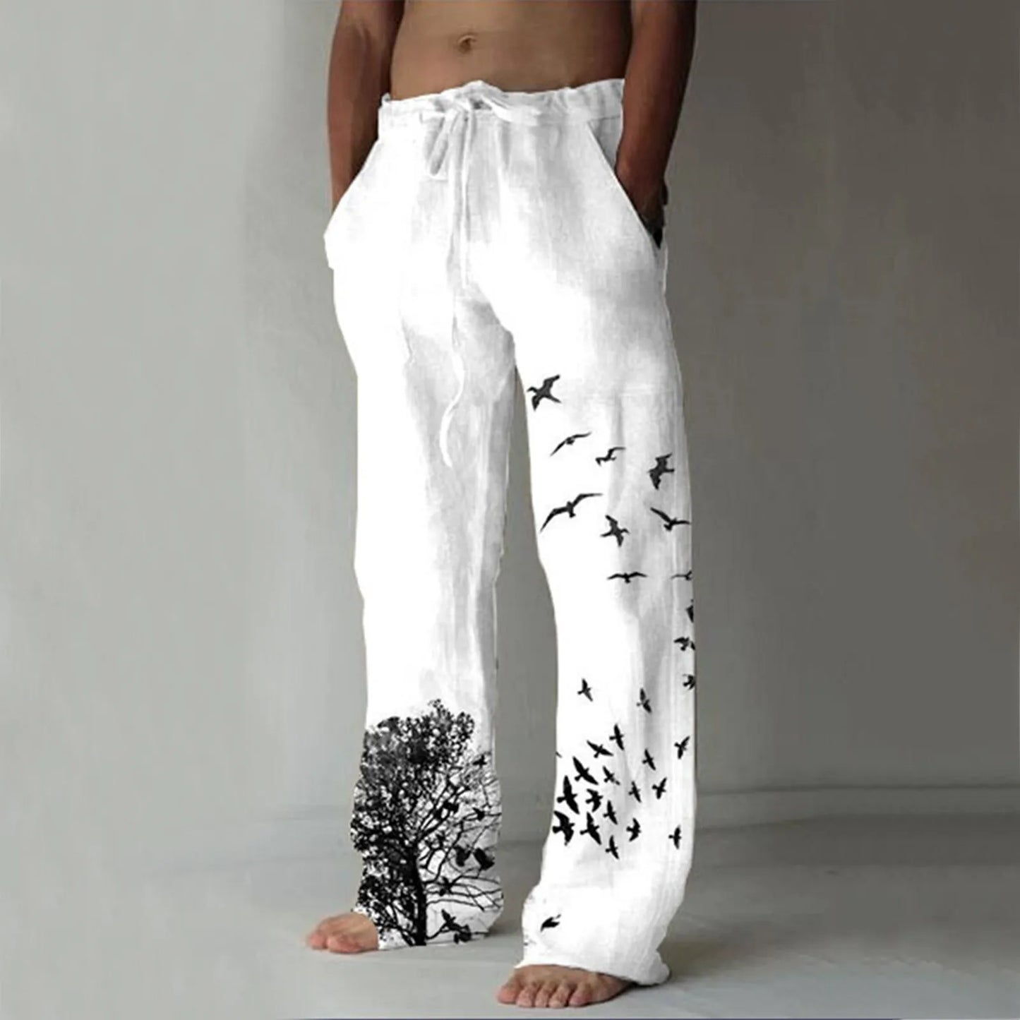 Men's Cotton Pants Summer New Breathable Tree&Bird Print Drawstring Linen Trousers Fitness Streetwear Male Daily Casual Pants