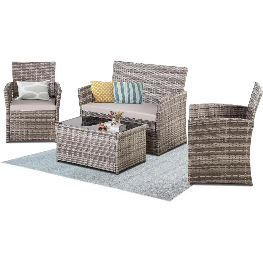 4 Piece Patio Furniture  Sets ,Rattan Sectional Sofa w/Coffee Table, for Backyard Garden Poolside