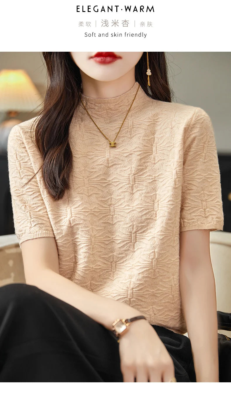 2024 Summer Women's Sweater Short Sleeve Pullover T-shirt Pure Wool Knitwear Half High Neck Loose Versatile Slim Fit Fashion Top