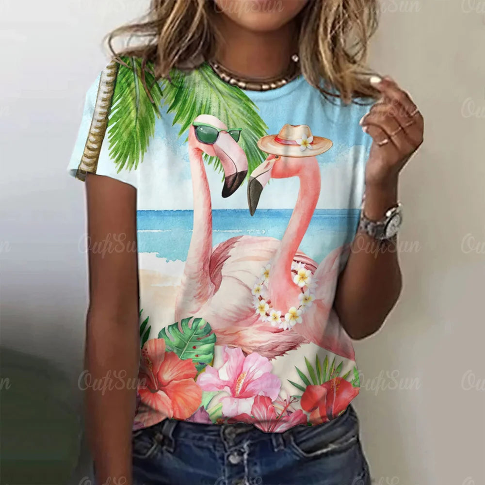 Women T-Shirts 3d Flamingo Print Fashion O-Neck Casual Ladies Casual Female Top Harajuku Girls Short Sleeve Loose Woman Clothing