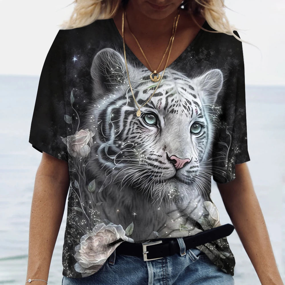 New Women'S T Shirt 3d Animal Print V-Neck Short Sleeve Tops Tees Streetwear Female Oversized Tshirt Fashion Woman Clothing 2023