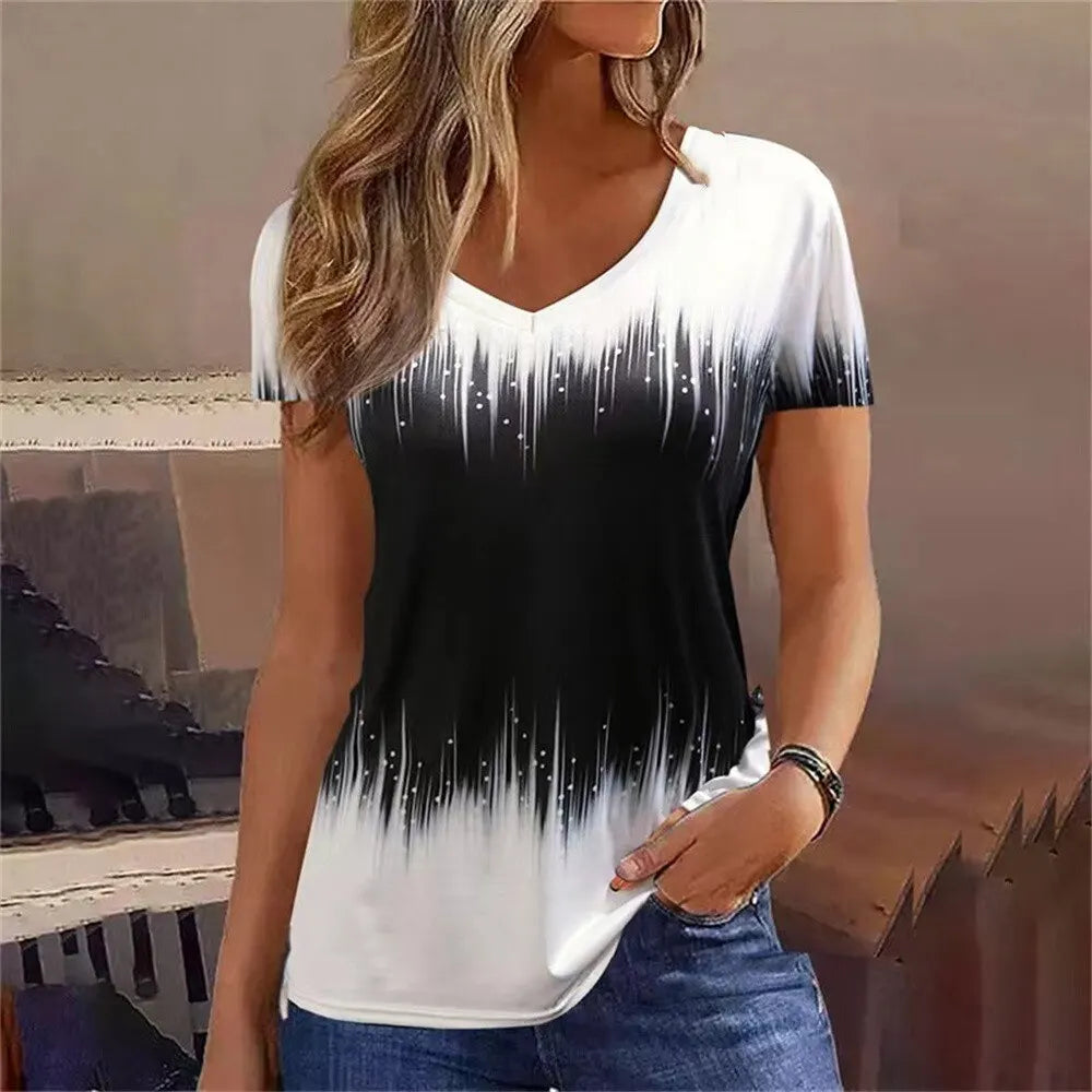 Women's T-Shirt Summer Stripe Short Sleeve Tee Shirt Fashion Blue V-Neck Female Clothing Casual New T-Shirt for Women Pullover