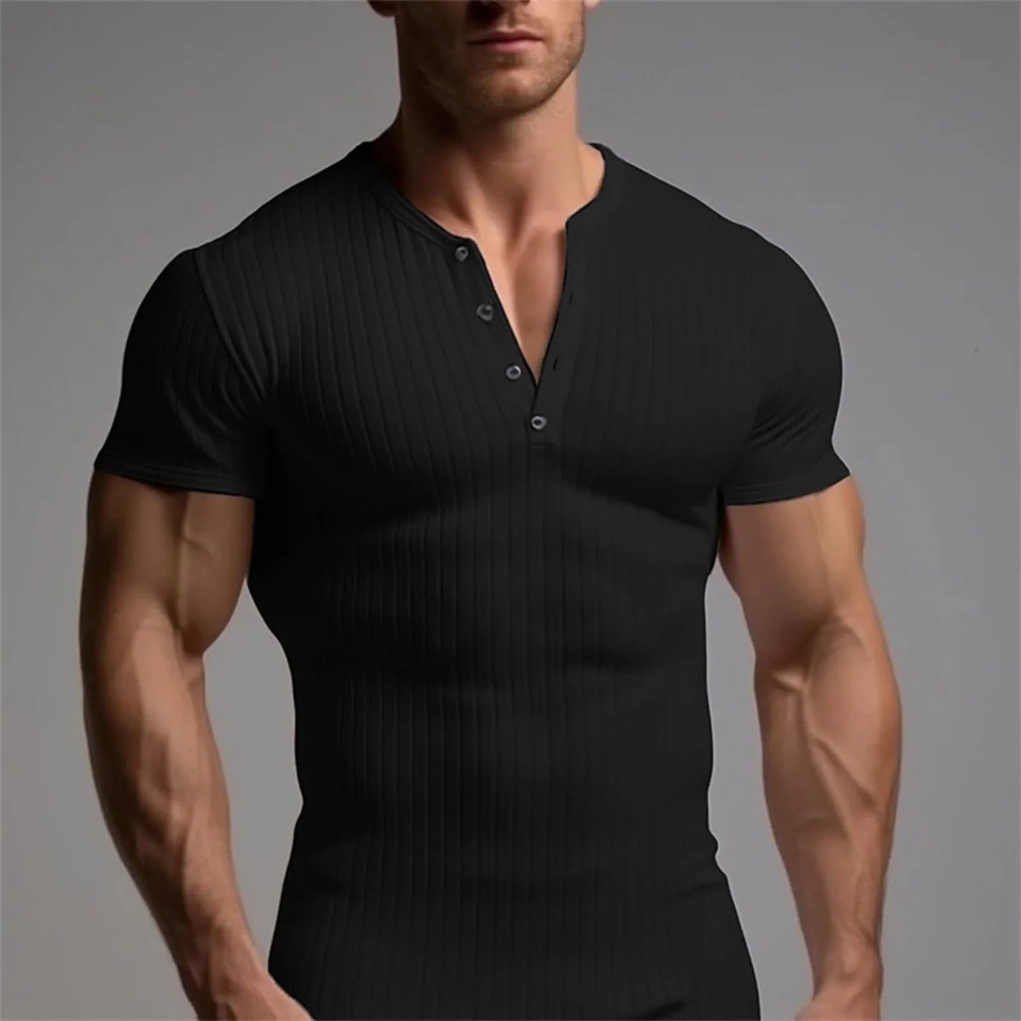 Men's Threaded T-shirt Summer Running Sports Fitness Clothes Muscle Slim Fit Short Sleeve T-shirt V-neck Collar Casual Tops