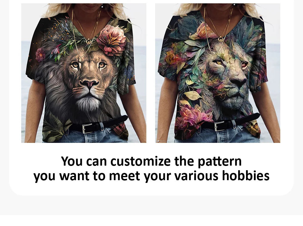 New Women'S T Shirt 3d Animal Print V-Neck Short Sleeve Tops Tees Streetwear Female Oversized Tshirt Fashion Woman Clothing 2023