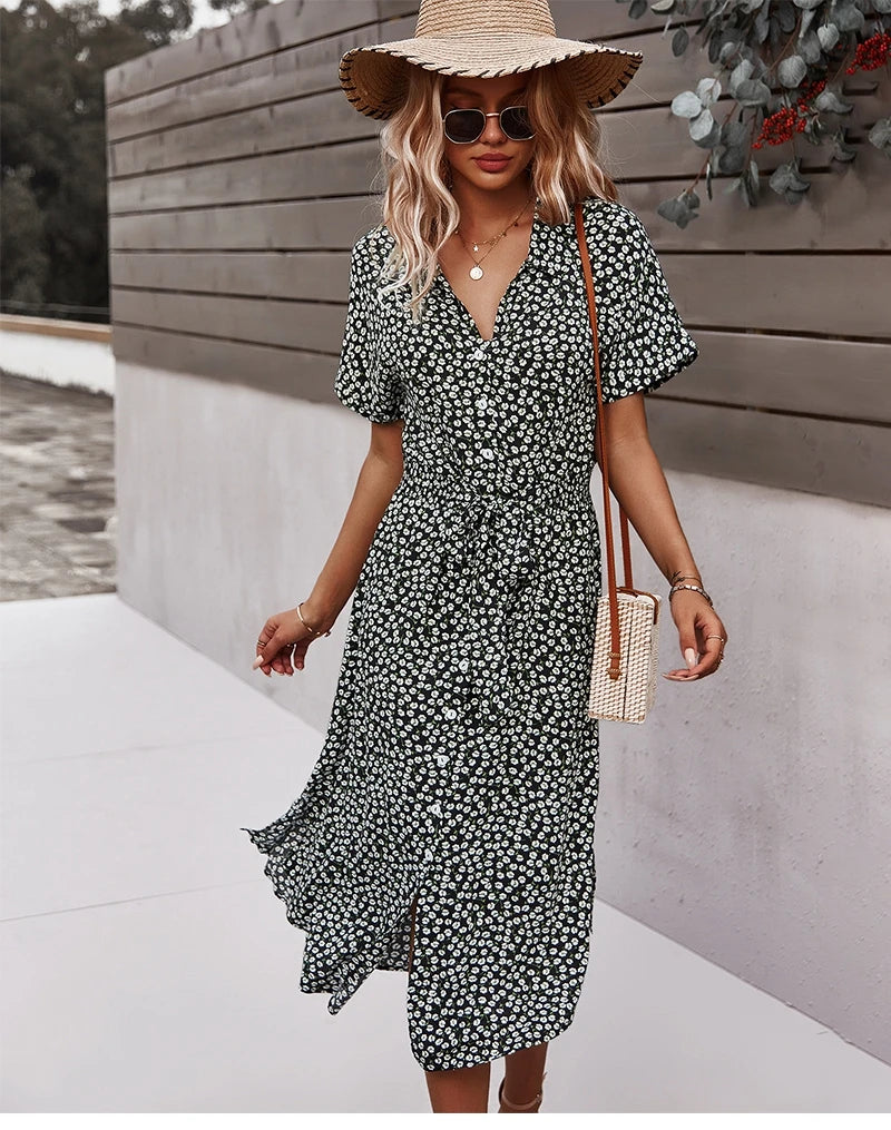 Summer Women Floral Print Dress Casual Short Sleeve Button Holiday Midi Dresses Female V-Neck Beach Boho Chic Dress Elegant Robe