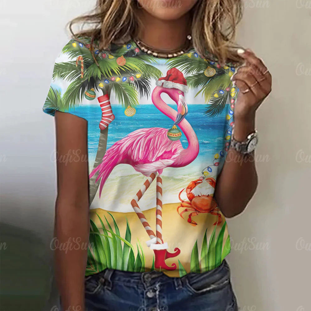 Women T-Shirts 3d Flamingo Print Fashion O-Neck Casual Ladies Casual Female Top Harajuku Girls Short Sleeve Loose Woman Clothing